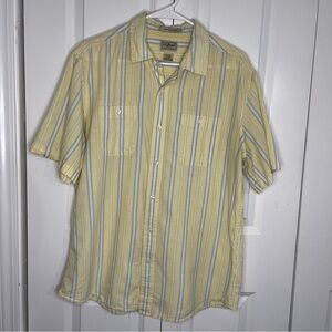 L.L. Bean Yellow Blue Striped Linen Blend Size Large Button Up Short Sleeve Mens